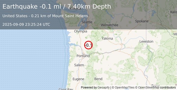 Earthquake 37 km NNE of Amboy, Washington (-0.1 ml) (2025-09-09 23:25:24 UTC)