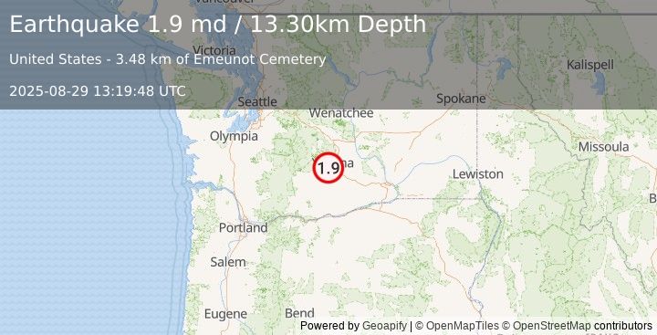 Earthquake 4 km S of Ahtanum, Washington (1.9 md) (2025-08-29 13:19:48 UTC)