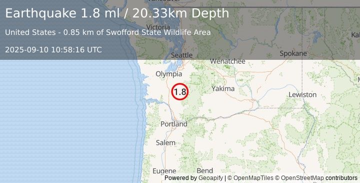 Earthquake 6 km ESE of Mossyrock, Washington (1.8 ml) (2025-09-10 10:58:16 UTC)