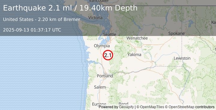 Earthquake 5 km NNE of Mossyrock, Washington (2.1 ml) (2025-09-13 01:37:17 UTC)