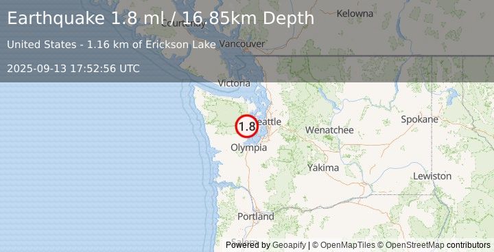 Earthquake 11 km WNW of Belfair, Washington (1.8 ml) (2025-09-13 17:52:56 UTC)