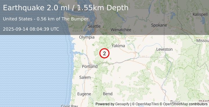 Earthquake 21 km N of Trout Lake, Washington (2.0 ml) (2025-09-14 08:04:39 UTC)