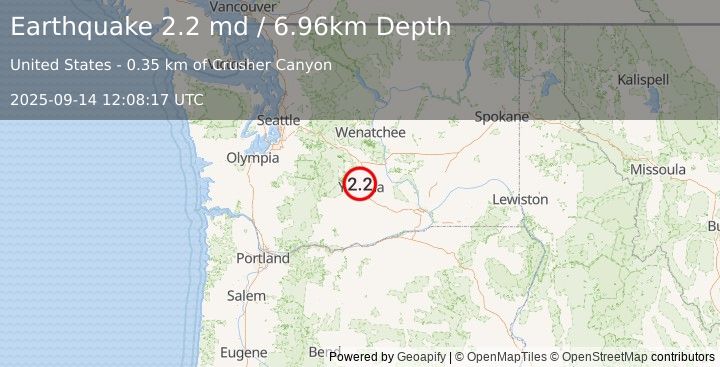 Earthquake 0 km W of Selah, Washington (2.2 md) (2025-09-14 12:08:17 UTC)