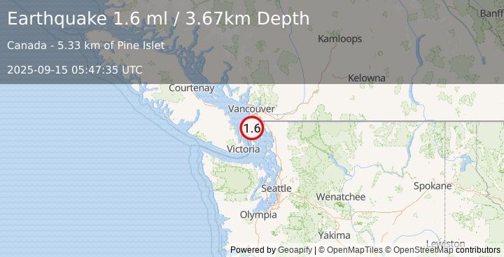 Earthquake 15 km S of Point Roberts, Washington (1.6 ml) (2025-09-15 05:47:35 UTC)