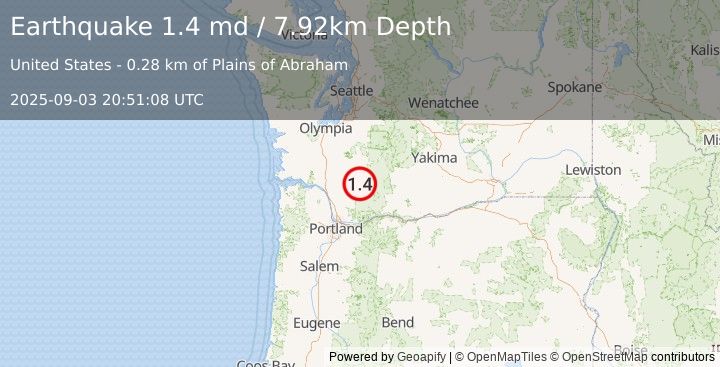 Earthquake 40 km NE of Amboy, Washington (1.4 md) (2025-09-03 20:51:08 UTC)