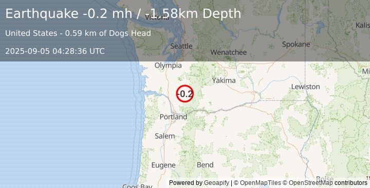 Earthquake 37 km NE of Amboy, Washington (-0.2 mh) (2025-09-05 04:28:36 UTC)