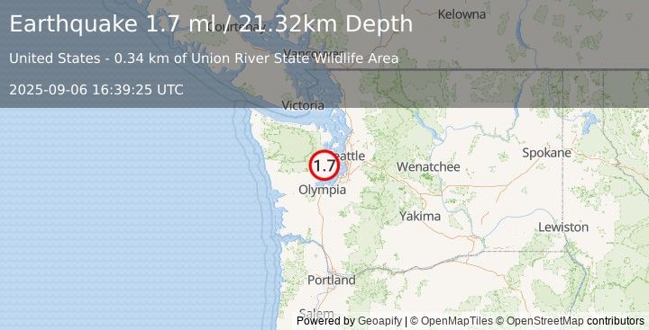 Earthquake 1 km WSW of Belfair, Washington (1.7 ml) (2025-09-06 16:39:25 UTC)