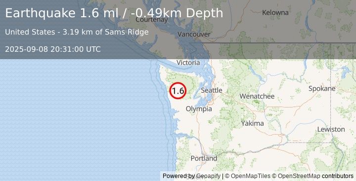 Earthquake 15 km NNE of Amanda Park, Washington (1.6 ml) (2025-09-08 20:31:00 UTC)