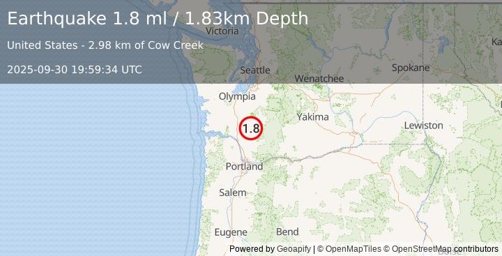 Earthquake 19 km S of Mossyrock, Washington (1.8 ml) (2025-09-30 19:59:34 UTC)