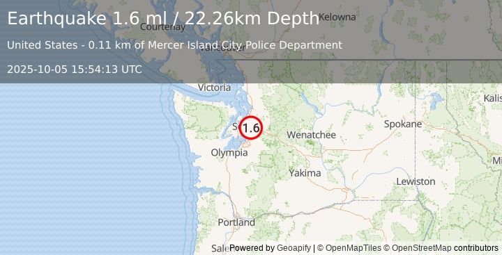 Earthquake 0 km NE of Mercer Island, Washington (1.6 ml) (2025-10-05 15:54:13 UTC)