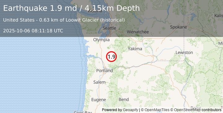 Earthquake 38 km S of Morton, Washington (1.9 md) (2025-10-06 08:11:18 UTC)
