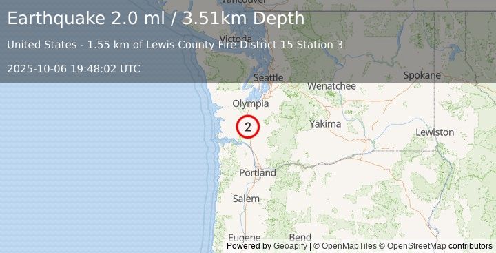 Earthquake 6 km NNW of Winlock, Washington (2.0 ml) (2025-10-06 19:48:02 UTC)