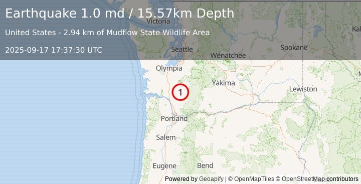 Earthquake 24 km SSE of Mossyrock, Washington (1.0 md) (2025-09-17 17:37:30 UTC)