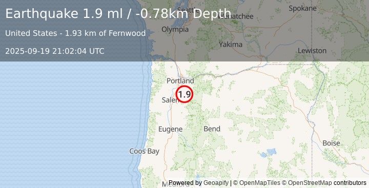 Earthquake 7 km ESE of Molalla, Oregon (1.9 ml) (2025-09-19 21:02:04 UTC)