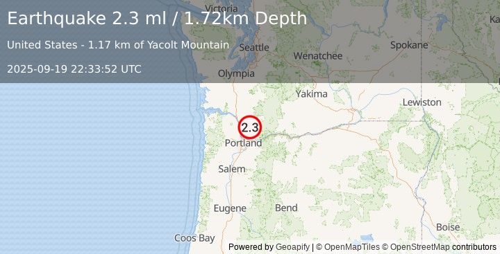 Earthquake 5 km WSW of Yacolt, Washington (1.9 ml) (2025-09-19 22:33:52 UTC)