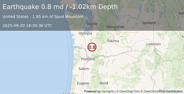 Earthquake 35 km SSE of Mossyrock, Washington (0.8 md) (2025-09-20 18:30:36 UTC)