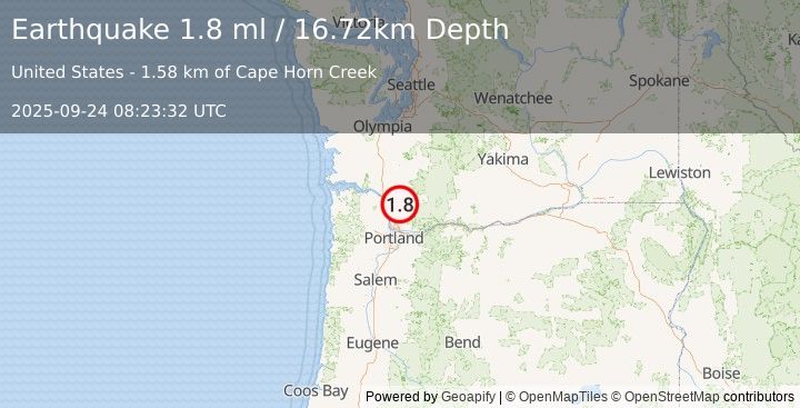 Earthquake 11 km NW of Amboy, Washington (1.8 ml) (2025-09-24 08:23:32 UTC)
