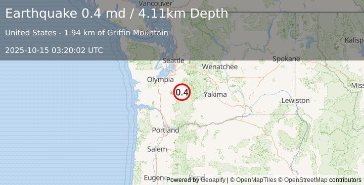 Earthquake 13 km SSE of Ashford, Washington (0.4 md) (2025-10-15 03:20:02 UTC)