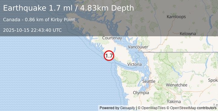 Earthquake 26 km ESE of Ucluelet, Canada (1.7 ml) (2025-10-15 22:43:40 UTC)