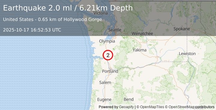 Earthquake 9 km NE of Castle Rock, Washington (2.0 ml) (2025-10-17 16:52:53 UTC)