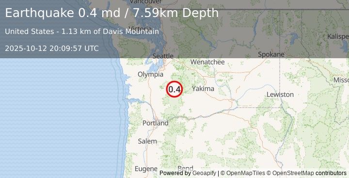 Earthquake 10 km WSW of Packwood, Washington (0.4 md) (2025-10-12 20:09:57 UTC)