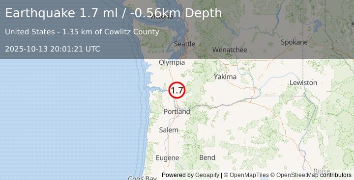 Earthquake 19 km ENE of Kelso, Washington (1.7 ml) (2025-10-13 20:01:21 UTC)