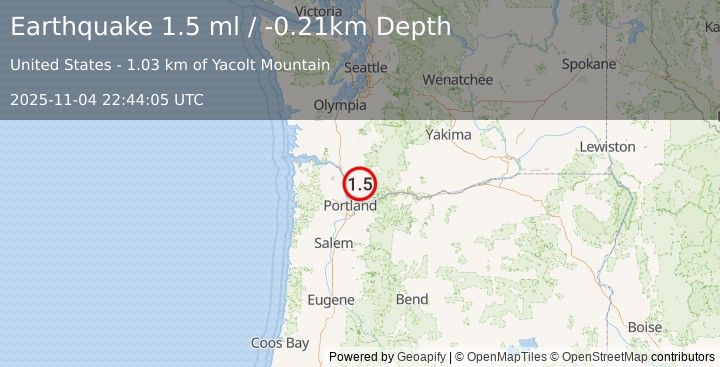 Earthquake 4 km WSW of Yacolt, Washington (1.5 ml) (2025-11-04 22:44:05 UTC)