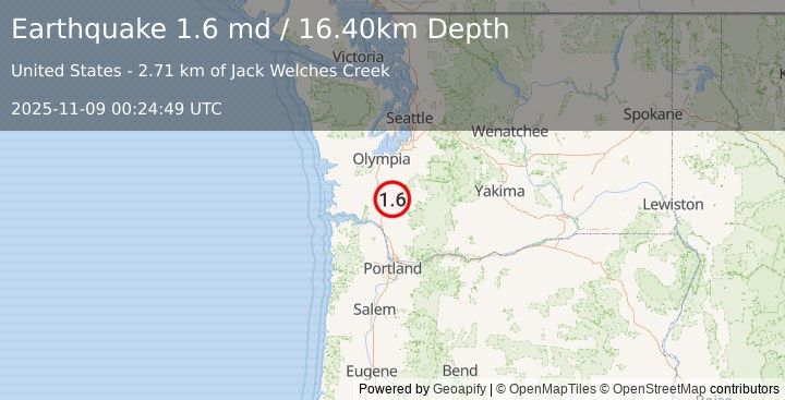 Earthquake 11 km SSE of Onalaska, Washington (1.6 md) (2025-11-09 00:24:49 UTC)