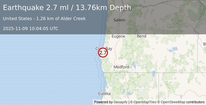 Earthquake 8 km WSW of Coquille, Oregon (2.7 ml) (2025-11-09 10:04:05 UTC)