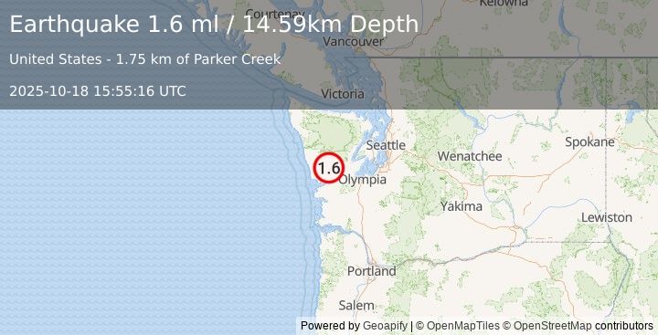 Earthquake 19 km E of Humptulips, Washington (1.6 ml) (2025-10-18 15:55:16 UTC)