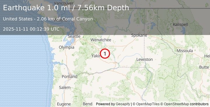 Earthquake 7 km NW of Desert Aire, Washington (1.0 ml) (2025-11-11 00:12:39 UTC)