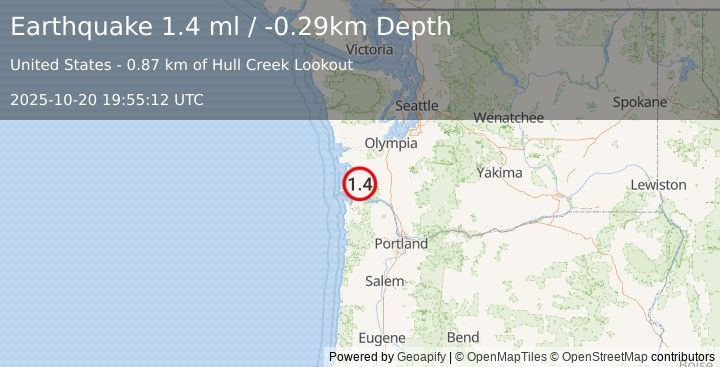 Earthquake 8 km NNE of Grays River, Washington (1.4 ml) (2025-10-20 19:55:12 UTC)