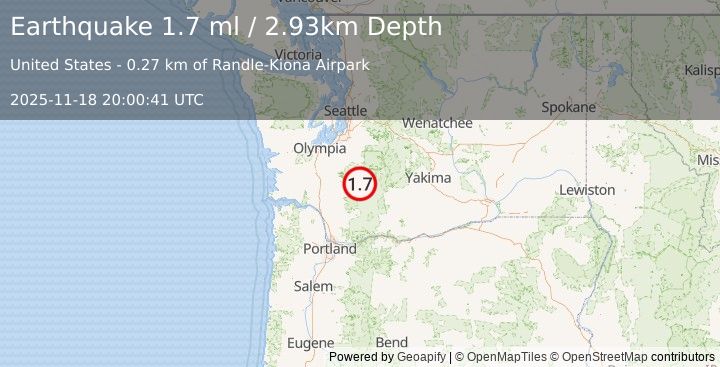 Earthquake 20 km ESE of Morton, Washington (1.7 ml) (2025-11-18 20:00:41 UTC)