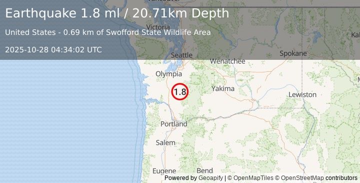 Earthquake 6 km ESE of Mossyrock, Washington (1.8 ml) (2025-10-28 04:34:02 UTC)