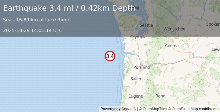 Earthquake 73 km WSW of Ilwaco, Washington (3.4 ml) (2025-10-29 14:01:14 UTC)