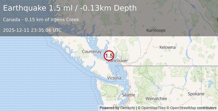 Earthquake 2 km NNE of Sechelt, Canada (1.5 ml) (2025-12-11 23:35:06 UTC)