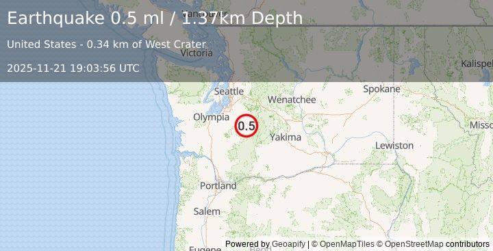 Earthquake 22 km ENE of Ashford, Washington (0.5 ml) (2025-11-21 19:03:56 UTC)
