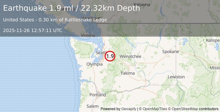 Earthquake 1 km SW of Wilderness Rim, Washington (1.9 ml) (2025-11-26 12:57:11 UTC)