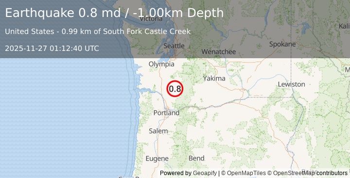 Earthquake 32 km S of Morton, Washington (0.8 md) (2025-11-27 01:12:40 UTC)