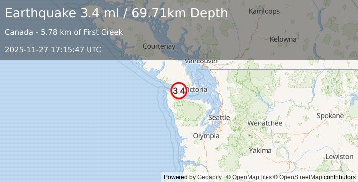 Earthquake 18 km NE of Clallam Bay, Washington (3.4 ml) (2025-11-27 17:15:47 UTC)