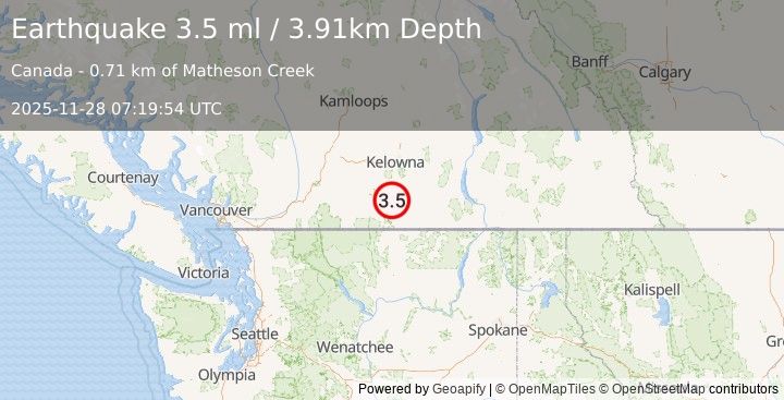 Earthquake 4 km N of Okanagan Falls, Canada (3.5 ml) (2025-11-28 07:19:54 UTC)