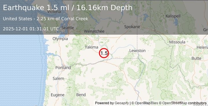 Earthquake 6 km WNW of Benton City, Washington (1.5 ml) (2025-12-01 01:31:01 UTC)